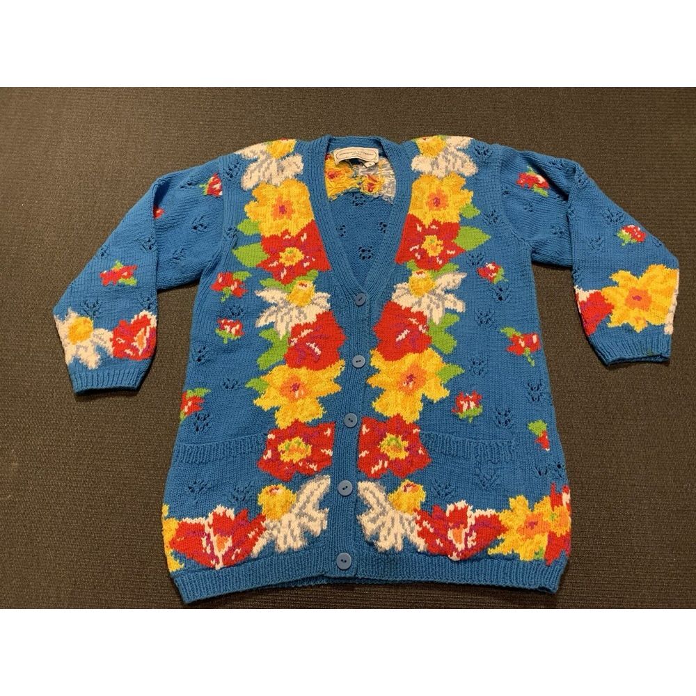 Adrienne Vittadini Sport Vintage Cardigan Women's Small 100% Cotton Floral Blue - Picture 1 of 5
